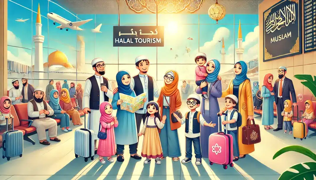 DALL·E 2024-12-17 19.18.25 - A vibrant and heartwarming scene of Muslim families traveling to a halal destination. The setting includes a sunny and welcoming environment, featurin